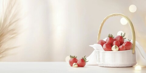 Cute Strawberry Basket Basket of strawberries on a light background with bokeh.
