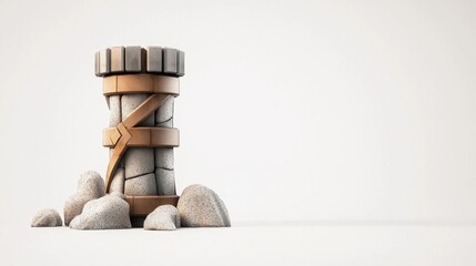 A stylized stone tower with wooden accents stands on a base of rocks against a minimalist background.