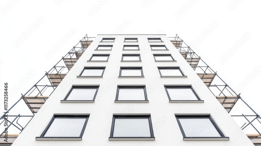 Poster a modern building viewed from below, showcasing a minimalist design with multiple windows and balcon