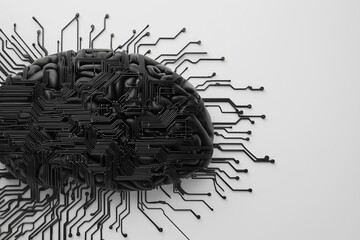 Fototapeta premium A striking charcoal-style illustration of a brain constructed from intricate black circuit pathways. The design symbolizes the fusion of human intelligence with advanced technology. 