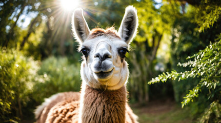 Obraz premium Llama posing in a sunlit garden surrounded by greenery in early afternoon