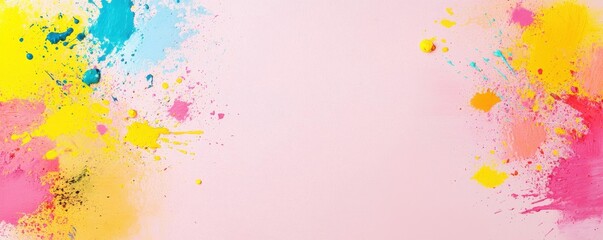 Colorful splashes of paint in pink, yellow, and blue on a soft pink background create a vibrant, artistic backdrop.