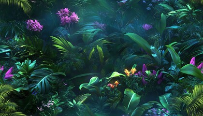 Ethereal, vibrant tropical rainforest scene. Lush foliage, glowing flowers, and magical light beams create a fantasy backdrop.