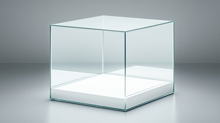 A clear glass cube with a minimalist design, reflecting light on a subtle background, ideal for display or decoration.