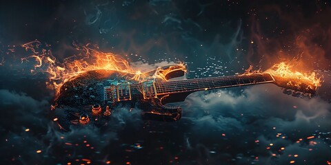Fiery electric guitar engulfed in flames, set against a dark, smoky backdrop.  A powerful image of musical passion and energy.