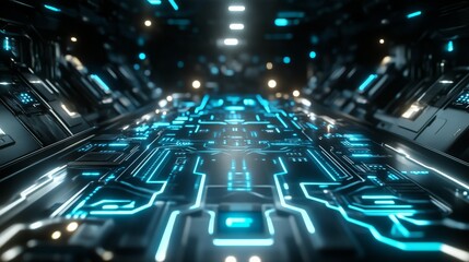 Obraz premium A futuristic, illuminated corridor featuring intricate blue circuits and sleek metallic surfaces, creating a sci-fi atmosphere.