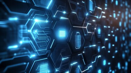 Fototapeta premium A futuristic digital hexagonal pattern illuminated by blue light, representing advanced technology and connectivity.