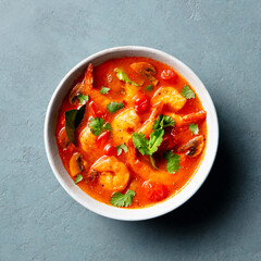 Tom Yum, spicy thai asian soup with prawns in a grey bowl. Grey background. Close up. Top view.