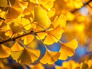 Ginkgo Biloba Leaves Dancing in Autumn Wind -  Golden Fall Foliage Stock Photo