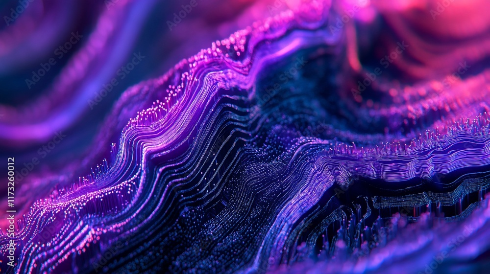 Poster abstract purple and pink textured landscape with wavy lines and glowing particles.