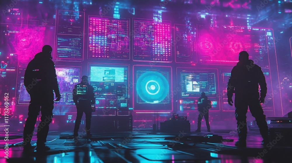 Leinwandbilder Silhouetted figures stand before a massive futuristic screen displaying complex data and vibrant neon lighting.
