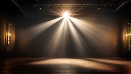Obraz premium Atmospheric glow of studio lights on a dark background. Spotlights in a photo studio, beams illuminate a dark room.