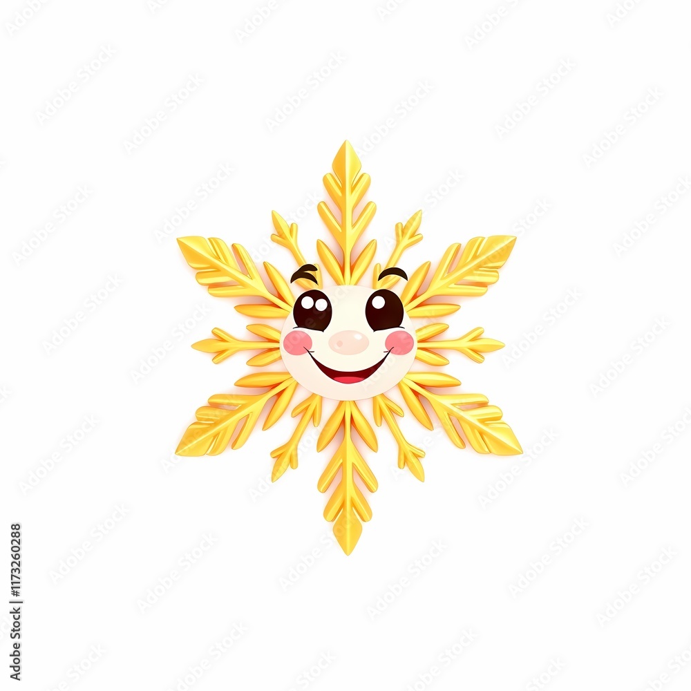 Poster smiling snowflake: a cheerful and friendly snowflake with a bright yellow design and rosy cheeks, pe