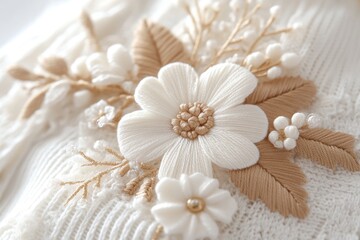 A close-up of a khaki floral pattern embroidered on a military-style jacket, with delicate stitching and intricate details