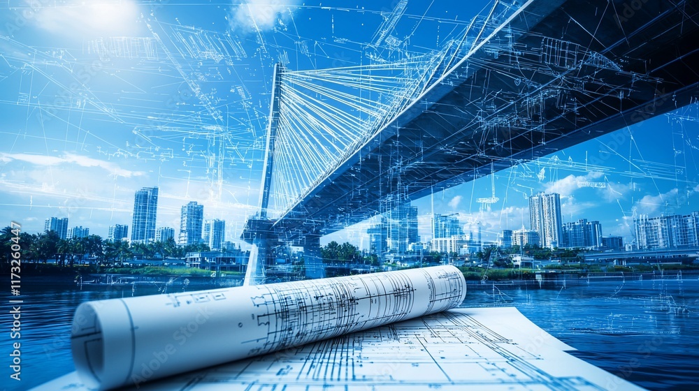 Aufkleber Blueprint of a cable-stayed bridge over a cityscape and river.