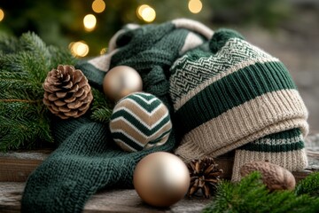 A close-up of a khaki zigzag pattern on a knitted sweater, styled with matching scarves and hats
