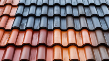 Closeup of red orange brown old vintage roof tile architecture on house or home building. top surface protection material pattern structure, ancient weathered dirty ceramic clay row.