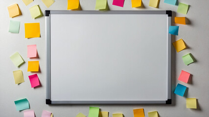 Flat Lay Whiteboard with Sticky Notes and Papers Pinned for Organization, White Background Mockup