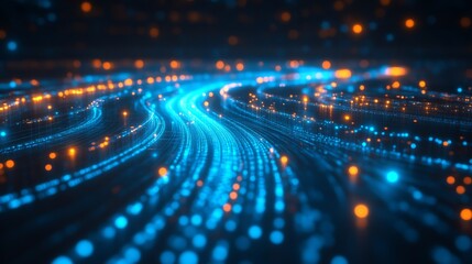 Obraz premium A vibrant digital landscape with glowing blue and orange particles flowing in dynamic waves, creating a sense of depth and movement.