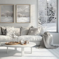 Scandinavian Modern Design in a White Room with Shelf and a Picturesque Winter Landscape Visible from the Window modern living room with white sofa