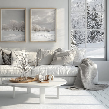 Scandinavian Modern Design in a White Room with Shelf and a Picturesque Winter Landscape Visible from the Window modern living room with white sofa