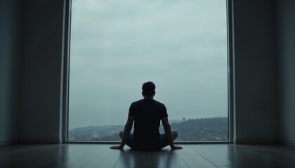 Fototapeta premium Young man sitting on the floor, feeling melancholy while looking out of a large window on a cloudy day
