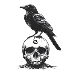 Fototapeta premium Black crow perched on a detailed human skull graphic.