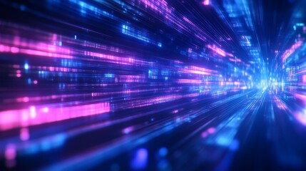 Fototapeta premium A vibrant, abstract image showcasing glowing blue and pink lines, creating a sense of motion and depth in a digital space.