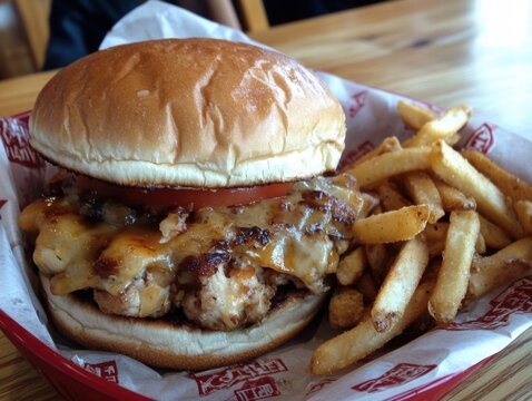A burger with a tomato and cheese patty sits on a bun