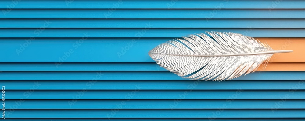 Poster feather abstract background idea. minimalistic design featuring a feather against a striped blue and