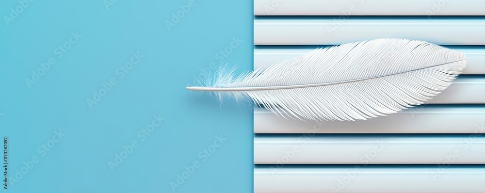 Poster feather abstract background idea. minimalistic design featuring a white feather on a blue background