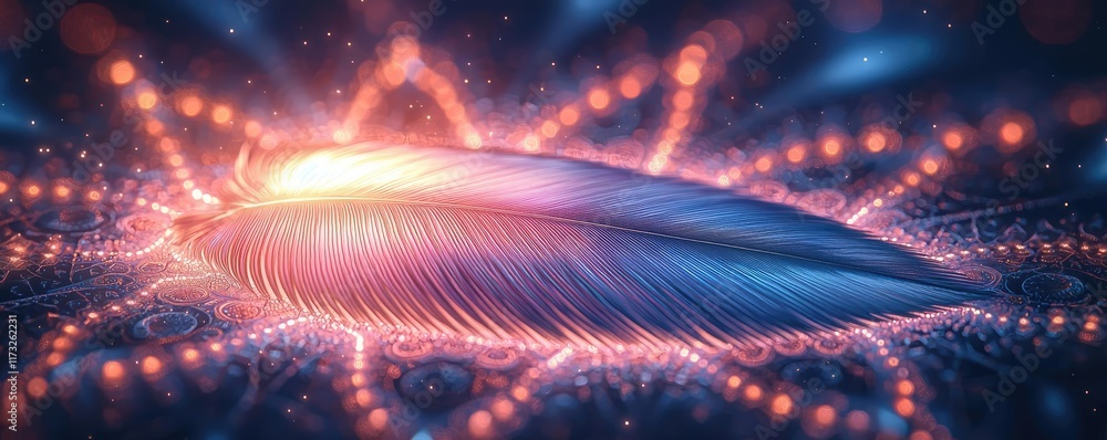 Poster feather abstract background idea. a vivid feather illuminated against an ethereal, colorful backdrop