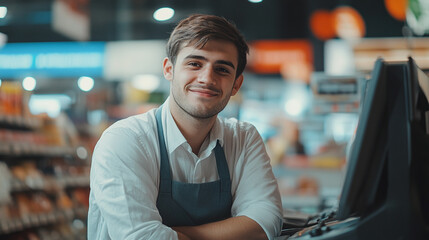 Portrait of happy smiling young cashier man standing behind the checkout counter in supermarket grocery store. copy space, consumerism purchase or shopping bill payment, male worker.