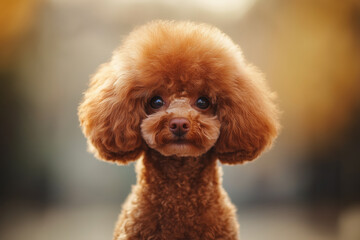 Poodle puppy portrait on outdoor blurred background