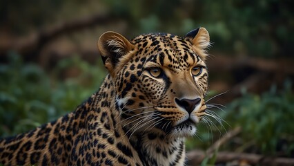 Obraz premium leopard face close up potrait in green tree forest habitat background