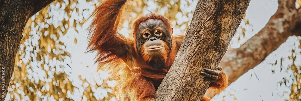 Poster orangutan in a tree looking at the camera.