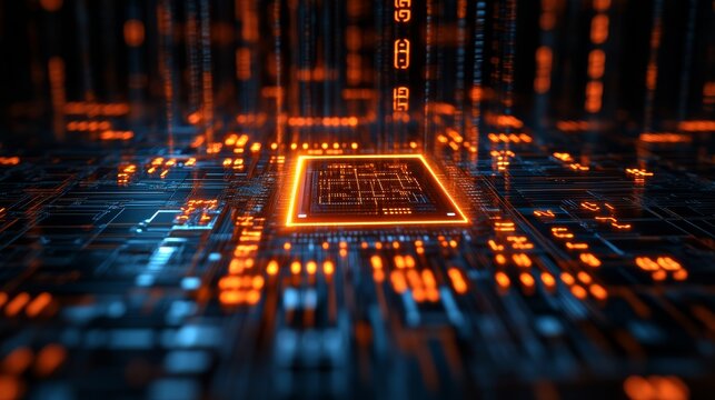 A digital representation of a microchip surrounded by glowing circuits and data streams, illustrating technology and innovation in computing.