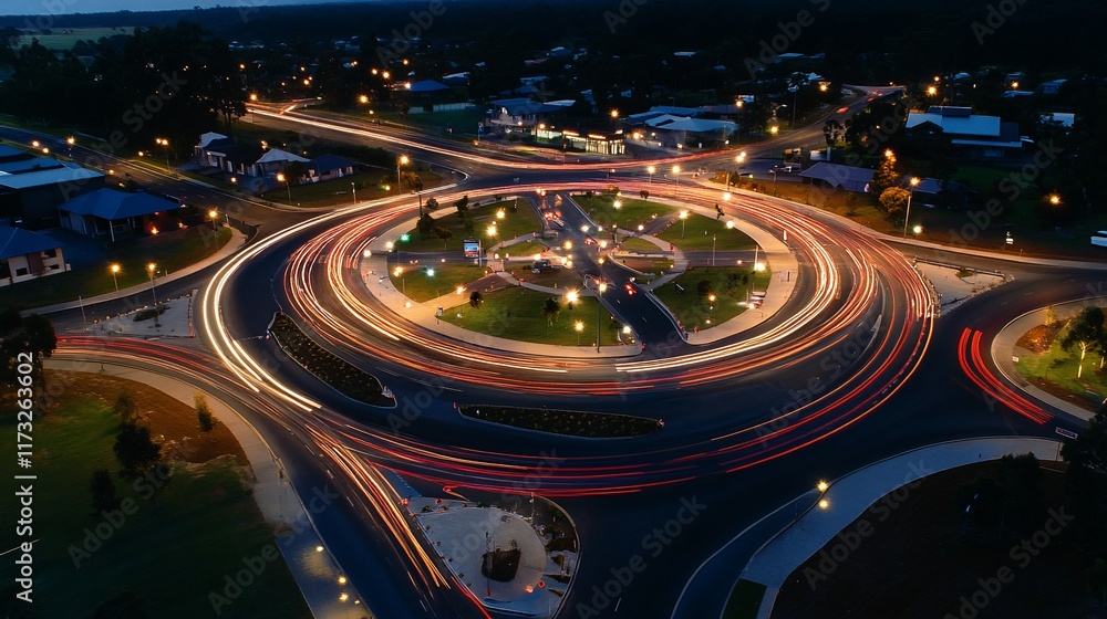 Poster night aerial view of a roundabout with light trails from moving vehicles.