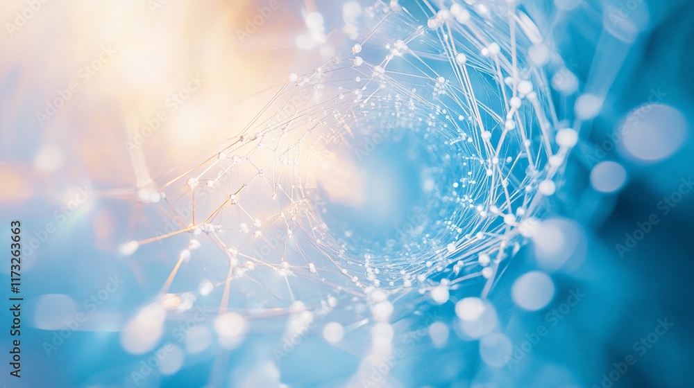 Poster abstract swirling network of interconnected nodes and lines, glowing in blue and orange tones.
