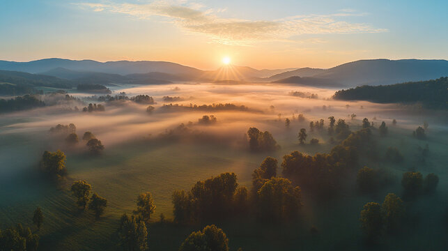 Sunrise in foggy misty autumn season countryside nature field with trees, blue sky. morning sunlight scene, haze on agriculture meadow, idyllic valley scenery.