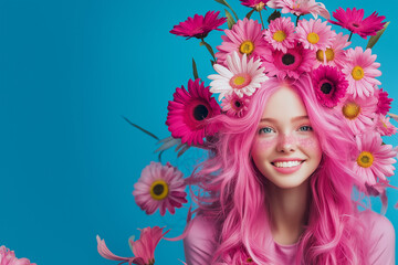 Naklejka premium A floral spring concept featuring fresh spring flowers adorning the face and body of a young, beautiful, smiling girl with vibrant, lush pink hair, set against a simple blue background.