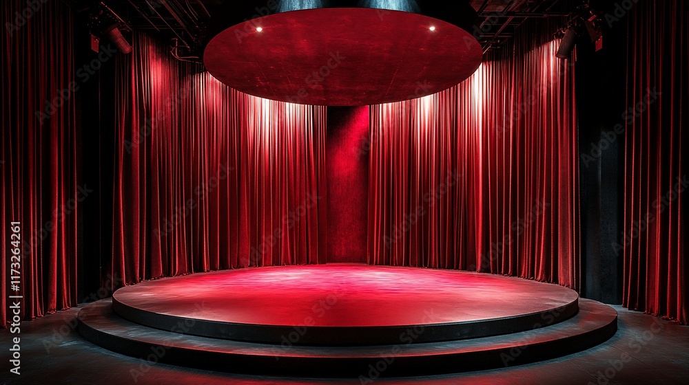 Poster red stage with curtains and lighting, perfect for performance or presentation.