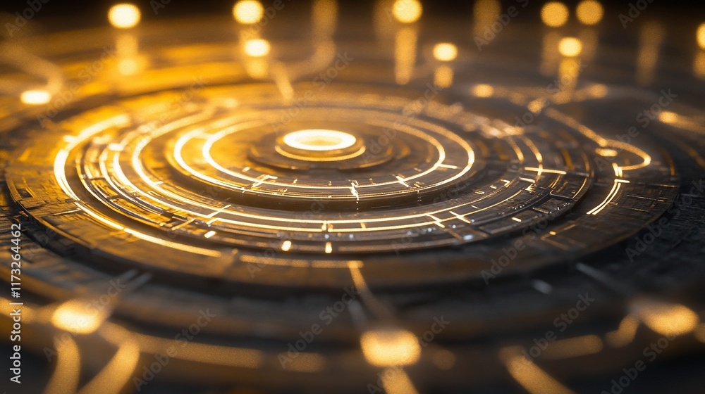 Poster Abstract circular technological design with glowing lights and metallic texture.