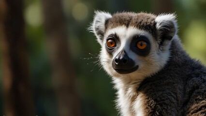 Fototapeta premium lemur detailed and close up potrait in green tree forest habitat background