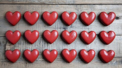 Fototapeta premium Perfectly Arranged Red Hearts on Rustic Wooden Floor