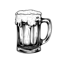 Hand-drawn beer mug with foamy head, isolated.
