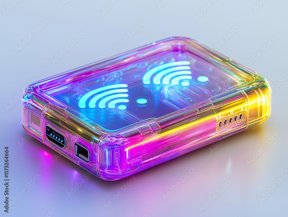 Poster wifi portable device range. portable 5g wi-fi device with signal icons showcasing modern technology 