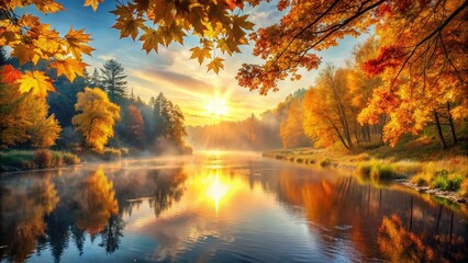 Golden Autumn Sunrise: Majestic Forest River Landscape