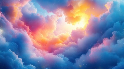 Burst of swirling colors creates a vibrant digital abstract, reminiscent of a sunset over a dreamy landscape filled with playful clouds