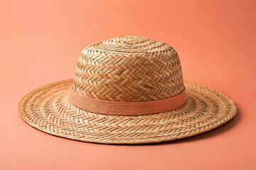Woven Straw Hat on Soft Coral Background